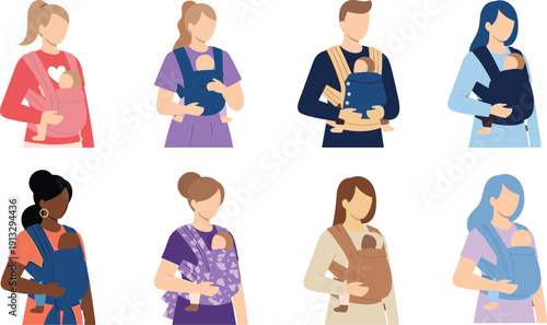 Diverse parents carrying babies in ergonomic carriers illustration, motherhood, fatherhood, infant care, parenting lifestyle, babywearing concept, family bonding, childcare support