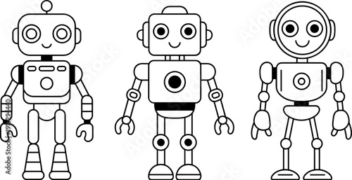 Set of three cute cartoon robot line art illustrations featuring friendly mechanical characters with various antenna and body designs isolated on white background for kids.