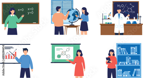 Education and science concept illustration, teacher, students, laboratory research, chemistry experiment, geography lesson, data analysis, learning, classroom, academic