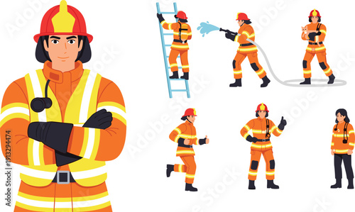 Firefighter emergency response team illustration, fire rescue service, firefighting equipment, safety uniform, hero concept, emergency situation, rescue operation, isolated vector character set