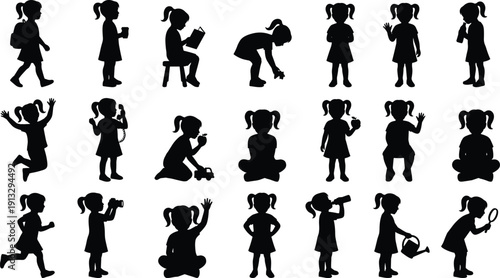 Little girl silhouette collection featuring child in various activities including reading, playing, jumping, and exploring isolated on white background vector illustration setLittle girl