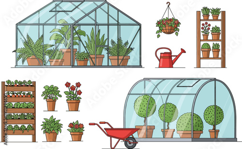 Illustration of home gardening greenhouse with potted plants, indoor garden tools, urban farming concept, botanical collection, eco friendly lifestyle design