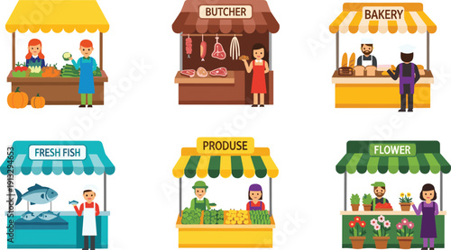 Local market shop collection illustration, vegetable stall, butcher, bakery, fishmonger, flower store, small business, fresh food, retail, storefront, vendors, marketplace