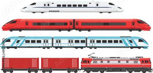 Modern high speed trains collection, passenger and freight railway transport set, isolated vector illustration, bullet train, locomotive, rail transportation concept design