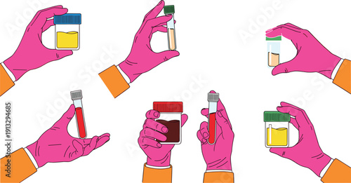 Medical laboratory sample collection illustration with gloved hands holding urine and blood test tubes, healthcare diagnostics, clinical analysis, laboratory testing concept