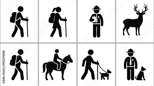 Outdoor activity and profession icon set featuring hikers, park ranger, horse rider, dog walker, and deer in black silhouette isolated vector collection