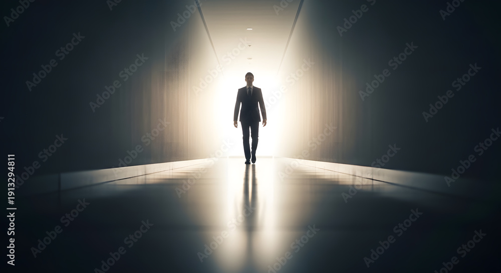Obraz premium Silhouette of Businessman Walking Towards Light at End of Hallway, Symbolizing Hope and Success. High quality photo