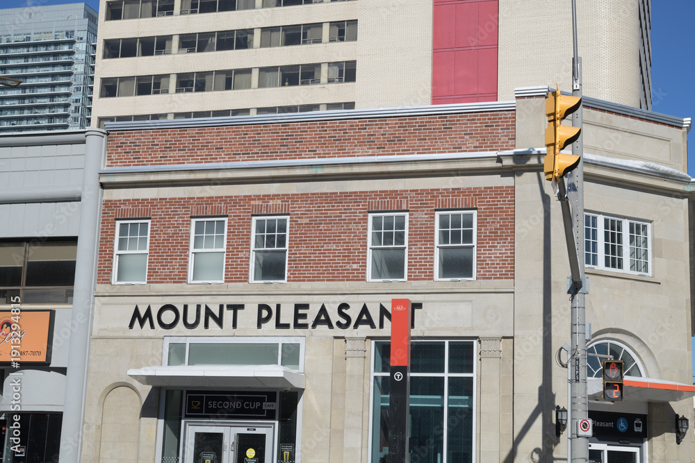 Fototapeta premium Mount Pleasant Station, Eglinton Line 5, formerly a branch of the Imperial Bank of Canada (256 Eglinton Av E), designed by Herbert Horner in 1928, Toronto 