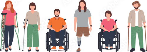People with disabilities collection, wheelchair users, prosthetic leg, crutches, walking cane, inclusive society concept, diversity, accessibility awareness, isolated vector illustration set
