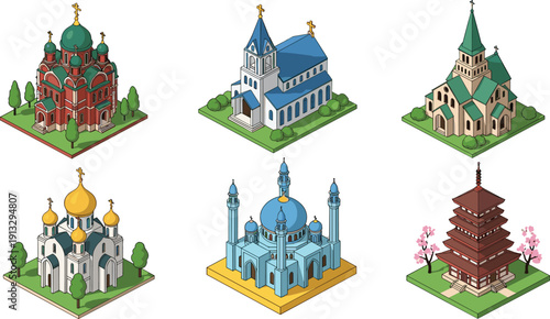 Religious, architecture, landmarks, collection, church, cathedral, mosque, temple, pagoda, worship, buildings, culture, faith, travel, tourism, illustration, vector, isometric, set, icons