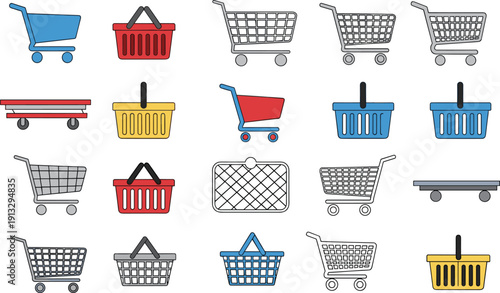 Set of shopping cart and basket icons illustration, retail commerce symbols, supermarket equipment, online shopping concept, market trolley collection, consumer purchase design