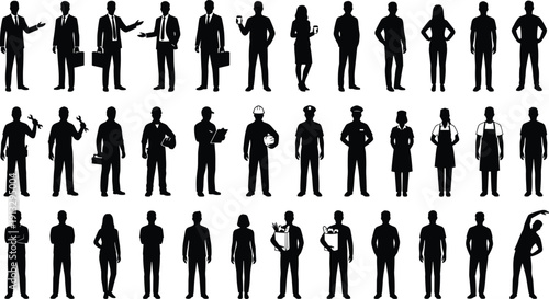 Professional people silhouette collection featuring businesspersons, workers, and various occupations isolated on white background, corporate and career vector illustration set