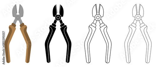 Diagonal pliers and side cutters hand tool vector set, technical hardware equipment icons featuring flat design, solid silhouette, line art, and trace line variations for construction and repair.