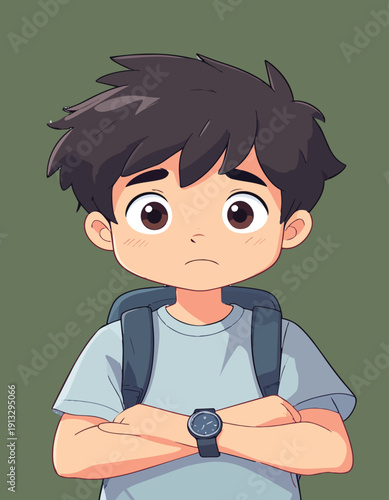 Sad cartoon boy with backpack and crossed arms, expressive child portrait in modern flat vector style, emotional kid character illustration isolated on green background.