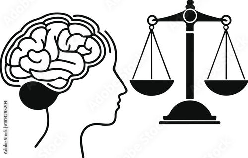 Minimal black and white vector illustration of artificial intelligence brain on one side and justice scale on the other, clean bold outline, flat design, isolated on white background 1