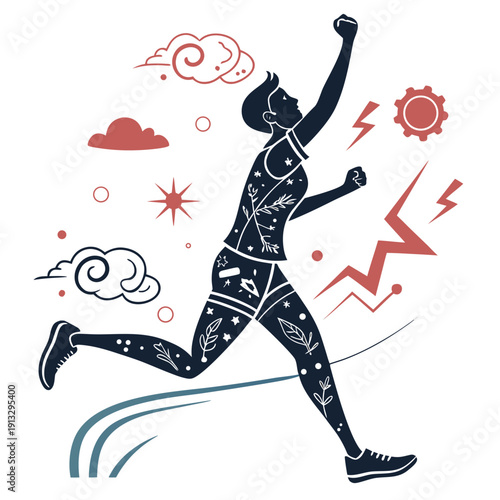 Woman running with clouds and sun in background