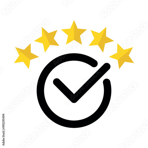 Five star rating with check mark icon customer feedback quality approval verification symbol premium service evaluation concept for business and web