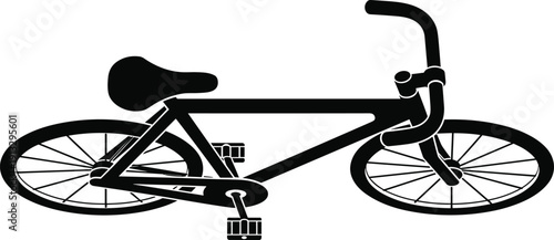 Black and white bicycle silhouette vector illustration, simple stylized bike design with spokes, seat, handlebars, pedals, frame, perfect for signage, education, graphic projects