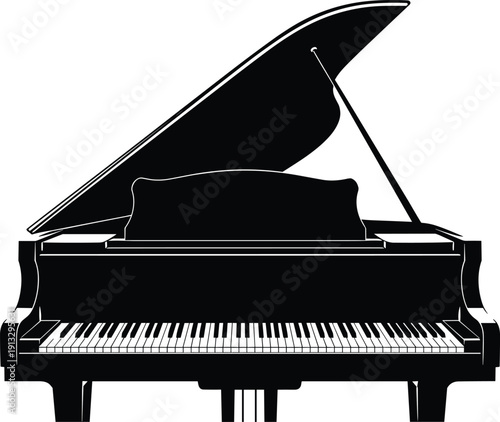 Black and white grand piano silhouette vector illustration, classic musical instrument design, open lid with keyboard keys, elegant concert performance artwork