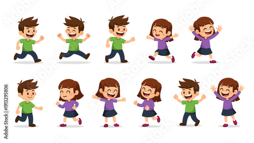 Children running joyfully on colorful skateboards flat vector illustration