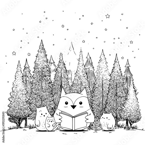 Whimsical black and white illustration of owls reading together in a magical forest under starry night sky