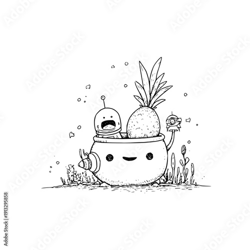 Whimsical cartoon teapot with smiling face robot and plants in a fantastical garden scene