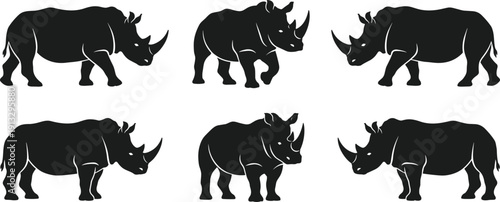 Rhinoceros silhouette collection featuring powerful rhino in various poses isolated on white background, African wildlife vector illustration set for logo and design