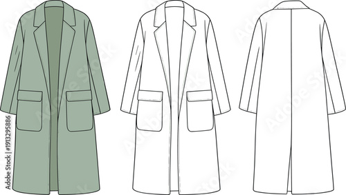 Flat technical sketch of long sleeve overcoat with front flap pockets, vector fashion cad design template, back and front view