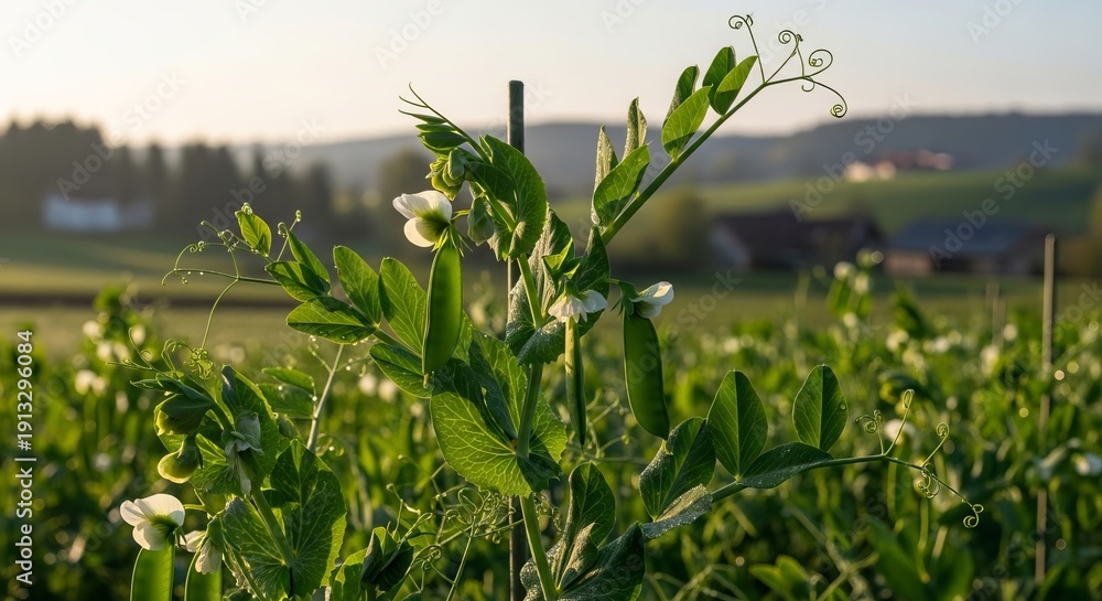 Obraz premium Lush green pea plants with delicate white flowers growing in a sunlit field at dawn.