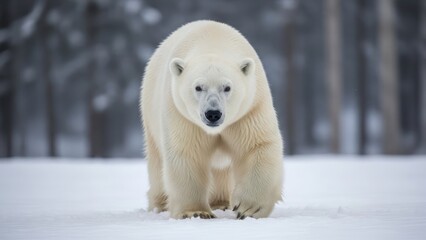 Curious polar bear cub trudges through snowy forest under winter light.