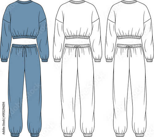 Flat vector cad drawing of women's jogger pants and sweatshirt set, back view fashion illustration, technical apparel design template