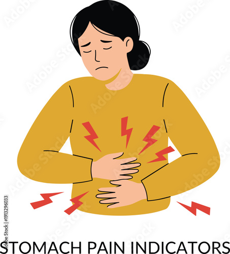 Stomach Pain Indicators Illustration Showing Woman Holding Abdomen with Red Lightning Bolts, Digestive Health Problem and Abdominal Ache Medical Concept