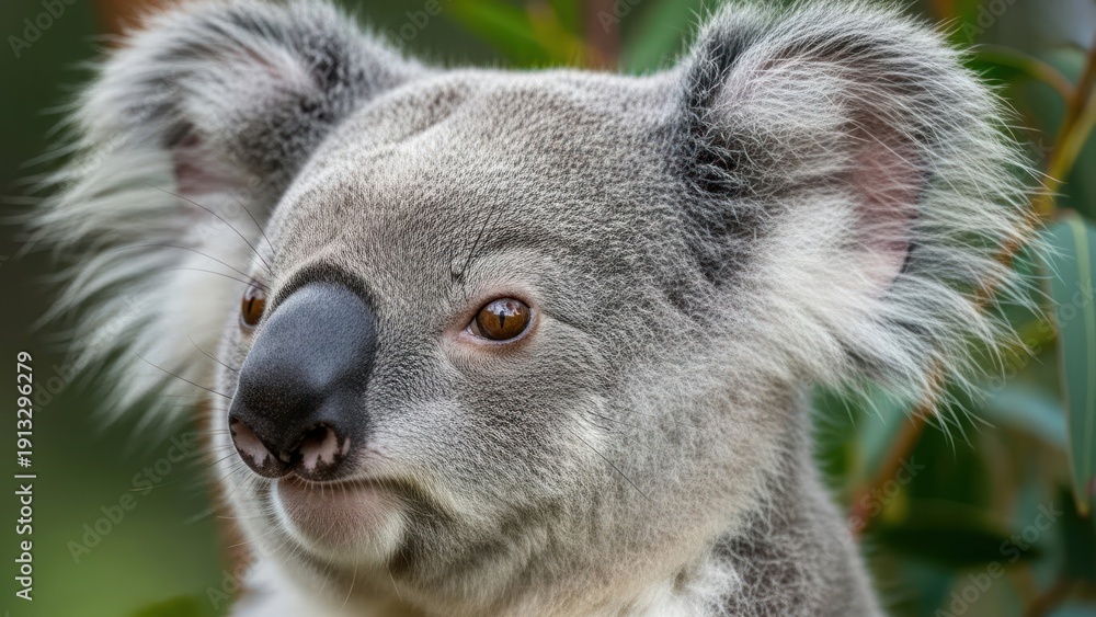 Obraz premium Close up portrait of a curious koala with fluffy ears and gray fur in a lush green background.