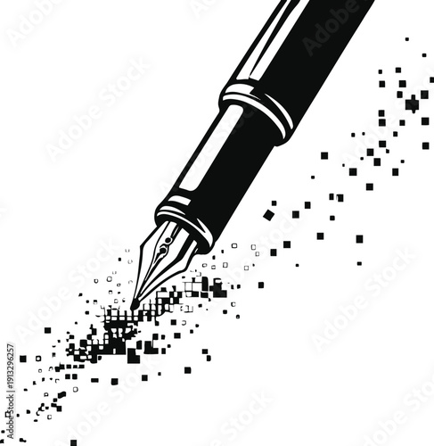 Minimal black and white vector of pen transforming into digital pixels
