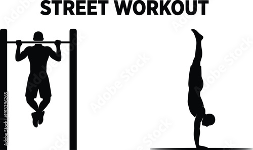 Street Workout Silhouette with Pull Up Bar and Handstand Balance Exercise, Calisthenics Strength Training Concept, Urban Fitness Lifestyle Illustration Isolated on White Background