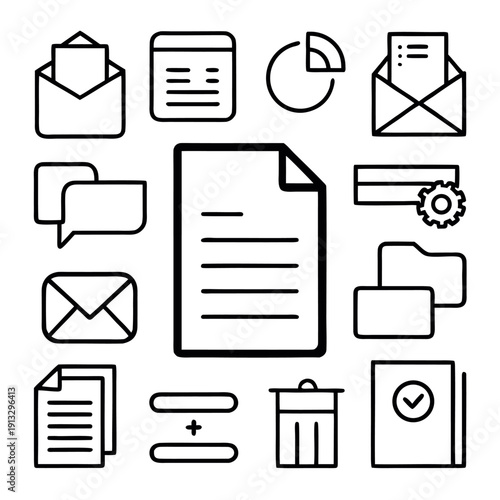 office document icons, colorful paper sheets, notebook, printer, and file stack, minimal design, bold black outlines, soft pastel colors,