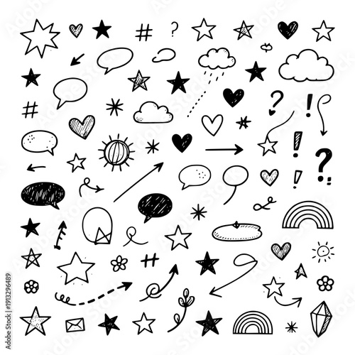 Сollection of various black doodle elements, manga-style illustration pictogram icon set. Transparent background SVG version.