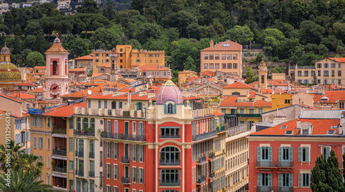 Aerial view of Place Massena, Old Town or Vielle Ville buildings in Nice, France
