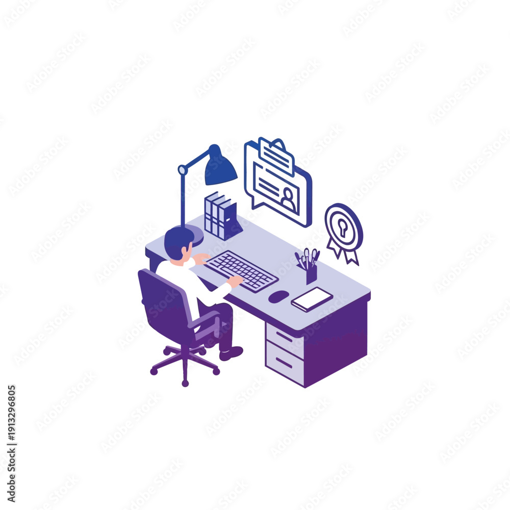 Fototapeta premium Isometric View of Man Working on Computer at Office Desk in Productive Environment on Isolated White Background