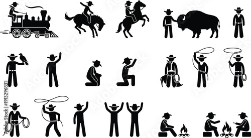 Wild West Cowboy Silhouette Collection Featuring Horses Train Lasso Campfire and Buffalo, Western Frontier Icon Set Isolated on White Background