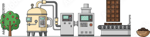 Chocolate production vector illustration, cocoa processing factory line, industrial machinery, conveyor system, chocolate bar manufacturing, food industry, automated production design artwork
