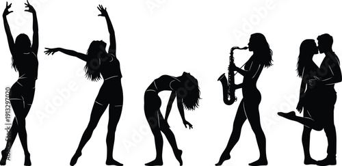 Diverse black vector silhouette collection featuring expressive women dancing playing saxophone and a romantic kissing couple representing performing arts music and intimate relationship concepts