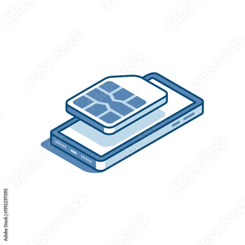 Isometric vector linear icon of a smartphone and SIM card, in color on a white background, selling and buying a tariff from a mobile operator or eSIM card