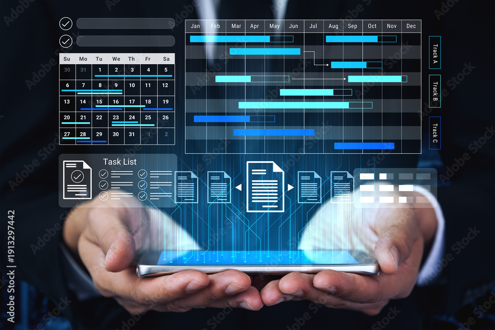 Fototapeta premium Modern hands hold a tablet showcasing project management tools, including a Gantt chart, calendar, and task list, enhancing productivity and teamwork in business. Gantry