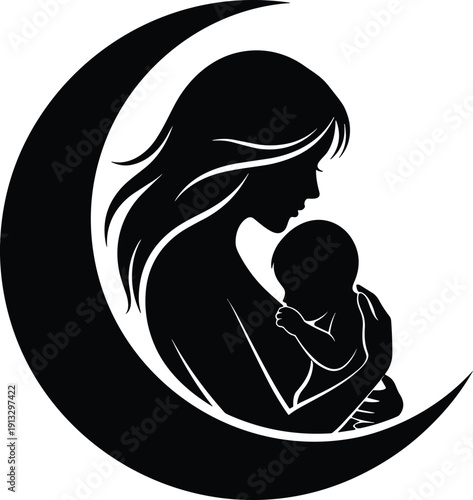 Elegant black silhouette of a mother cradling her newborn baby inside a crescent moon shape representing bedtime stories night lullabies and peaceful maternal love