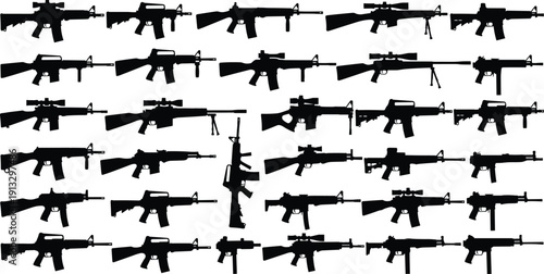 Collection of assault rifle silhouettes isolated on background, military weapon icons set, tactical firearms illustration for security, defense, army design