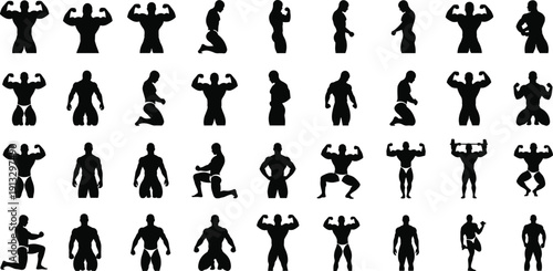 Collection of bodybuilder silhouettes isolated on background, muscular men posing fitness bodybuilding strength training athlete illustration set bundle concept design