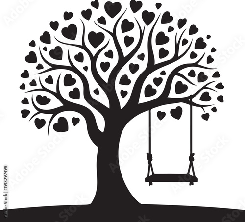 Love tree silhouette with heart shaped leaves and wooden rope swing