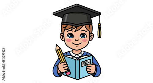 Happy young boy student wearing graduation cap, holding pencil and reading book, studious on isolated white background.