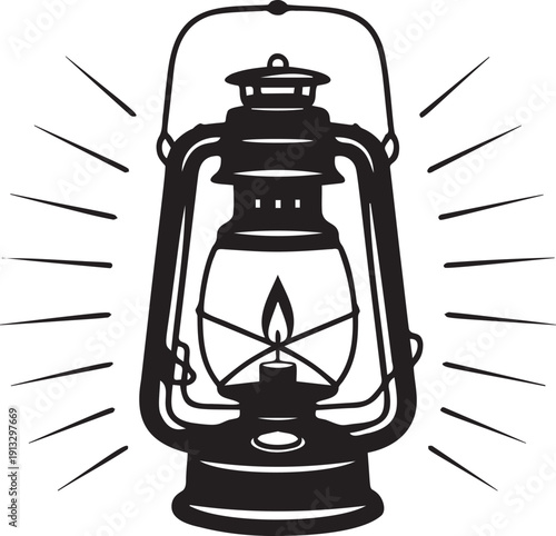 Vintage oil lantern silhouette with glowing light rays and kerosene